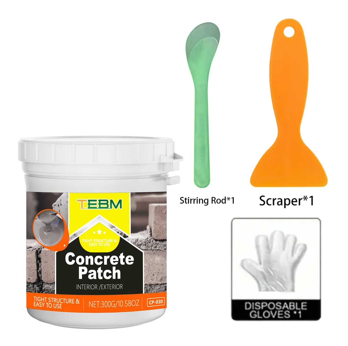 A jar of Concrete Patch powder repair mix with a green stirring rod and an orange scraper.