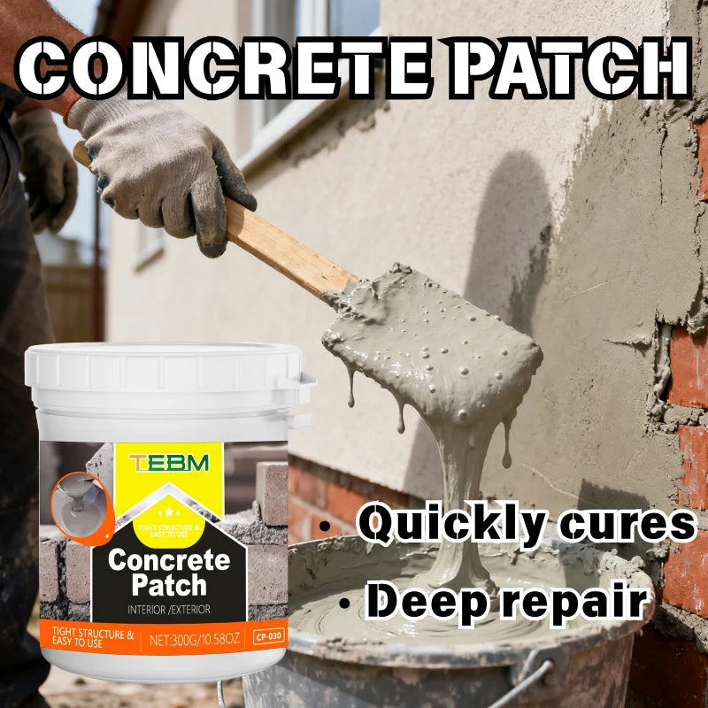 A hand applies a concrete patch mix to a brick wall, demonstrating quick curing and deep repair.