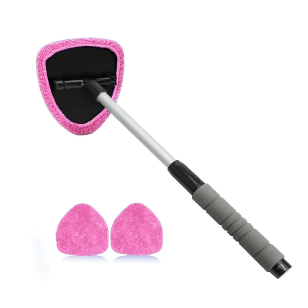 Extendable windshield cleaner with pink microfiber pads and a white handle