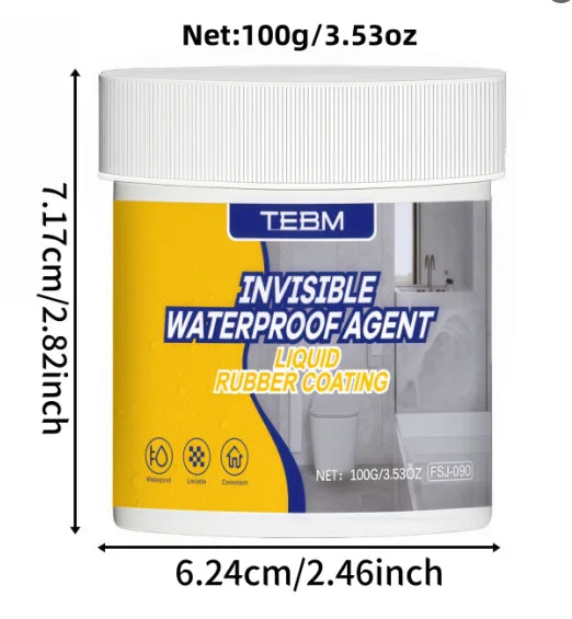 Weiße Flasche mit unsichtbarem wasserdichtem Flüssurgummi-Beschichtungsmittel, gelbe Etikett und blaue Schrift.