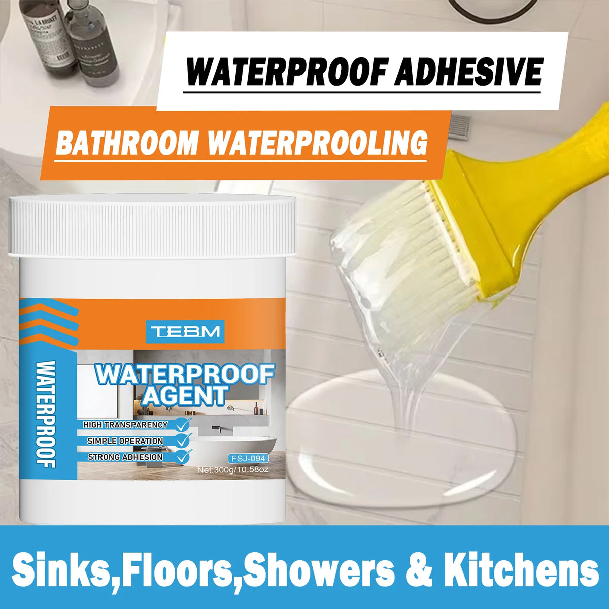 A yellow brush applies waterproof adhesive sealant to a bathroom surface for waterproofing sinks, floors, showers, and kitche