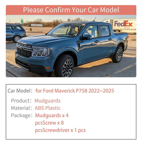 A blue Ford Maverick pickup truck is shown with mudguards for sale.