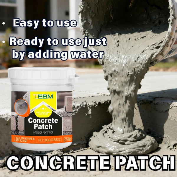 A white container of Concrete Patch powder repair mix is shown next to a textured gray concrete finish.