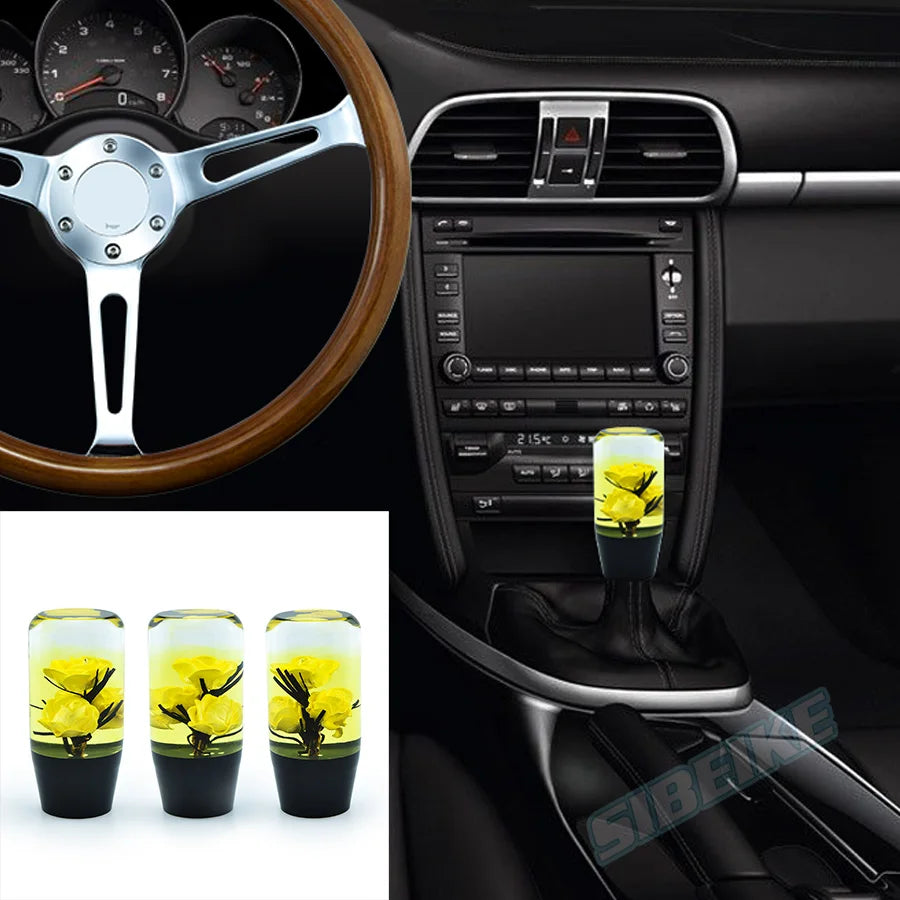 Crystal flower gear shift knob with adapters shown next to a car interior view.