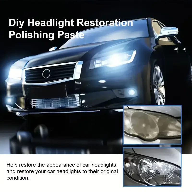 A close-up of a car headlight being restored with polishing paste.