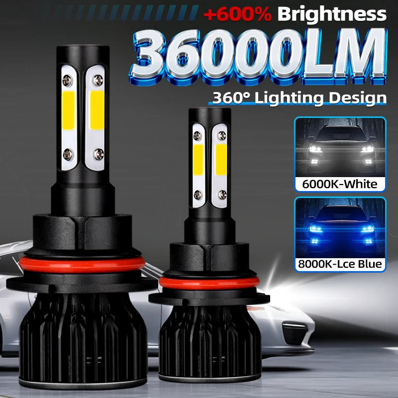 Dos bombillas de faro LED de 360 grados, mostrando opciones blancas de 6000K y azules de 8000K.