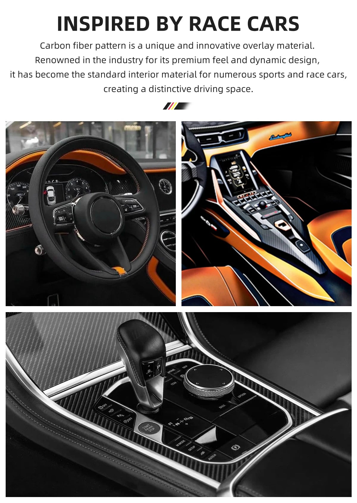 Close-up view of a sporty carbon fiber steering wheel cover and interior details of a car.
