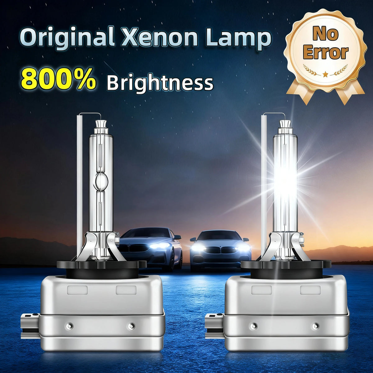 Two original Xenon lamp car headlight bulbs demonstrating 800% brightness.