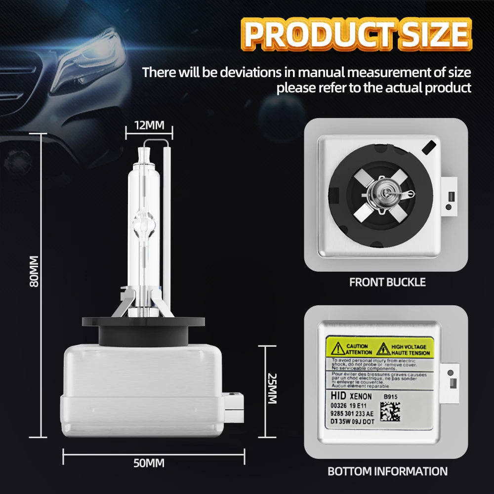 A white xenon HID car headlight bulb assembly showing front and bottom details with dimensions.
