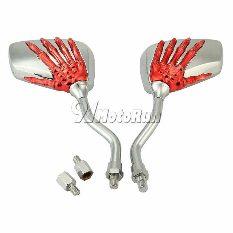 A pair of universal skull hand motorcycle side mirrors with red grips and chrome mounting hardware.