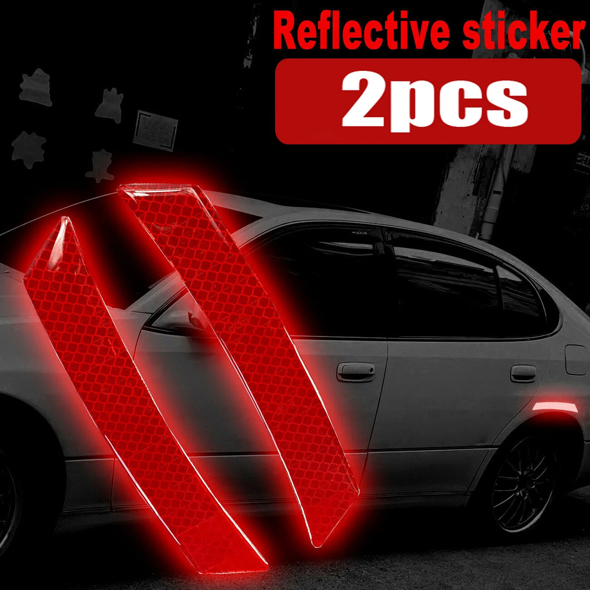 Two reflective red warning strips are shown on a silver car body.