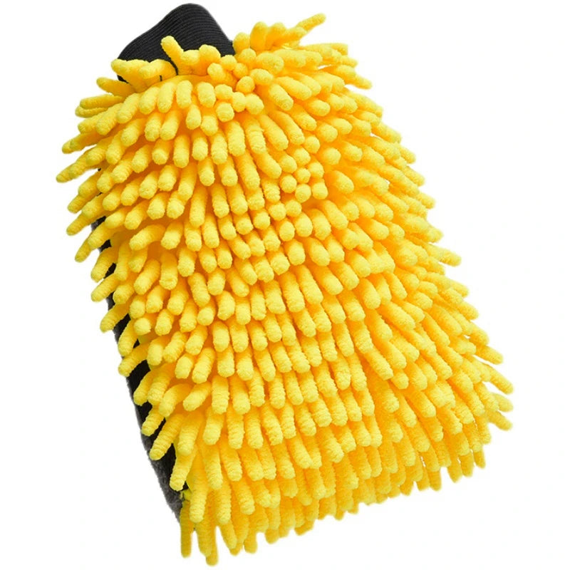 Yellow microfiber chenille car wash mitt with black grip and fingers