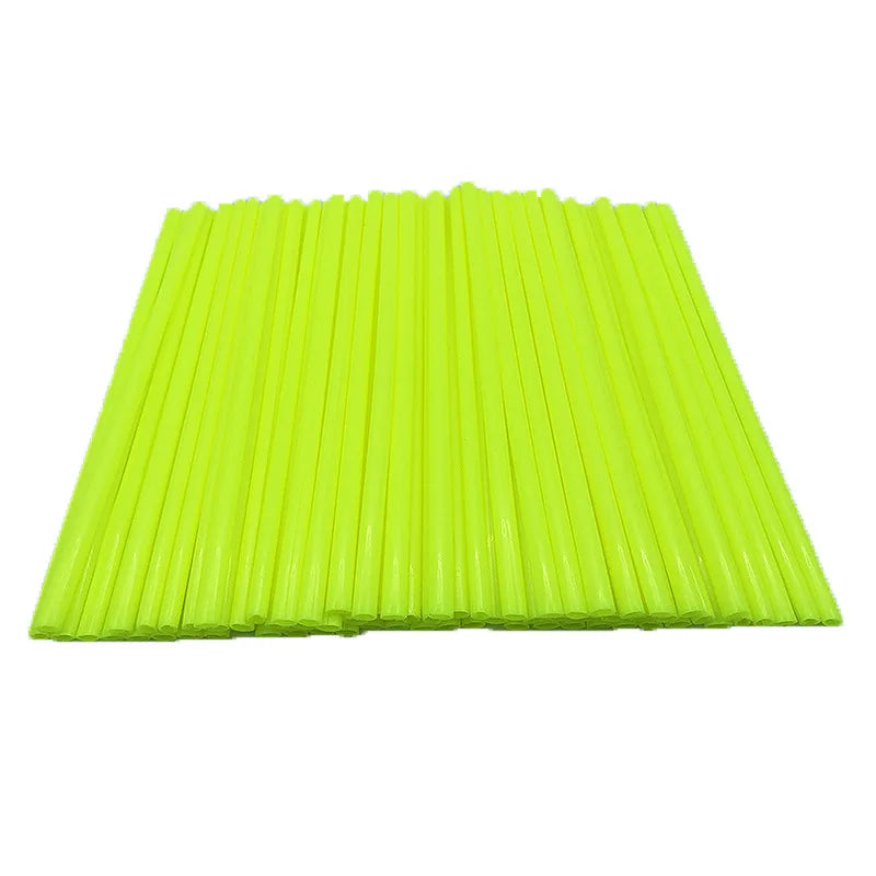 A bundle of bright lime green motorcycle wheel rim spoke wrap kit tubes.