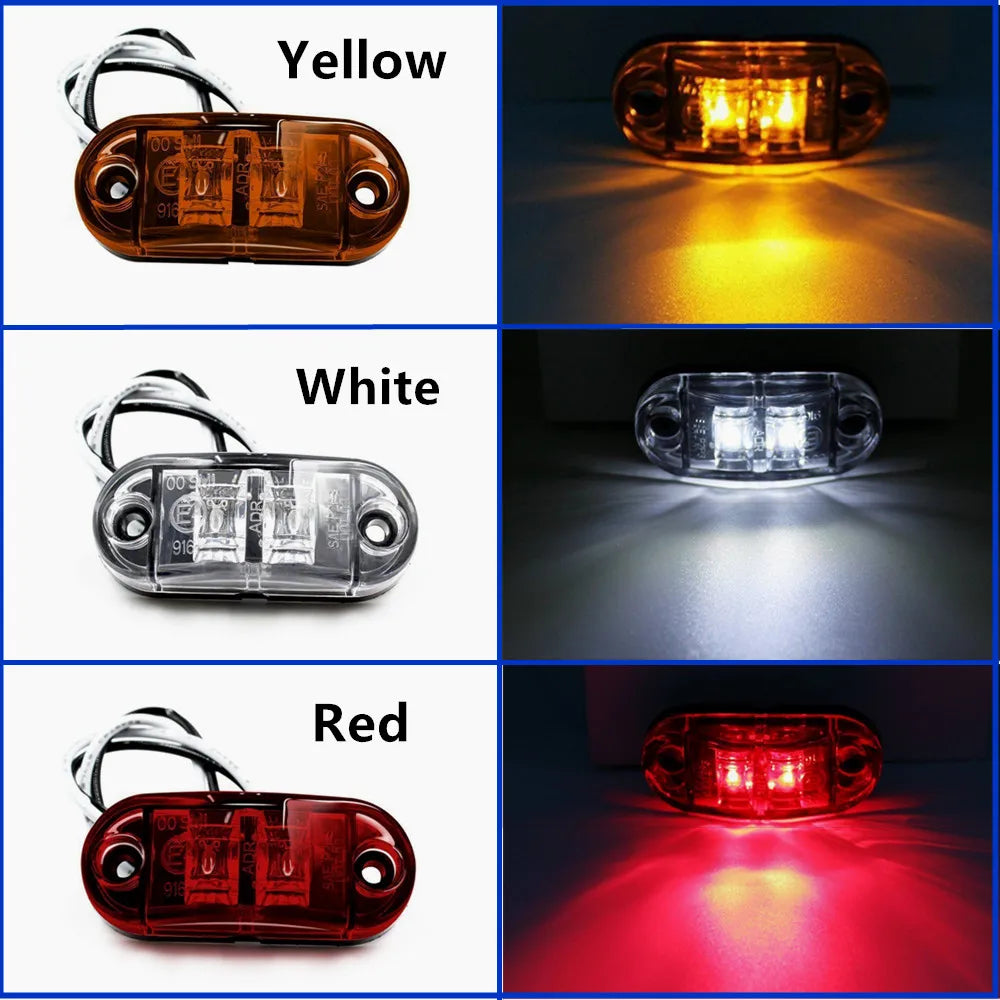 Three universal LED warning lights shown in yellow, white, and red, highlighting their distinct illumination.