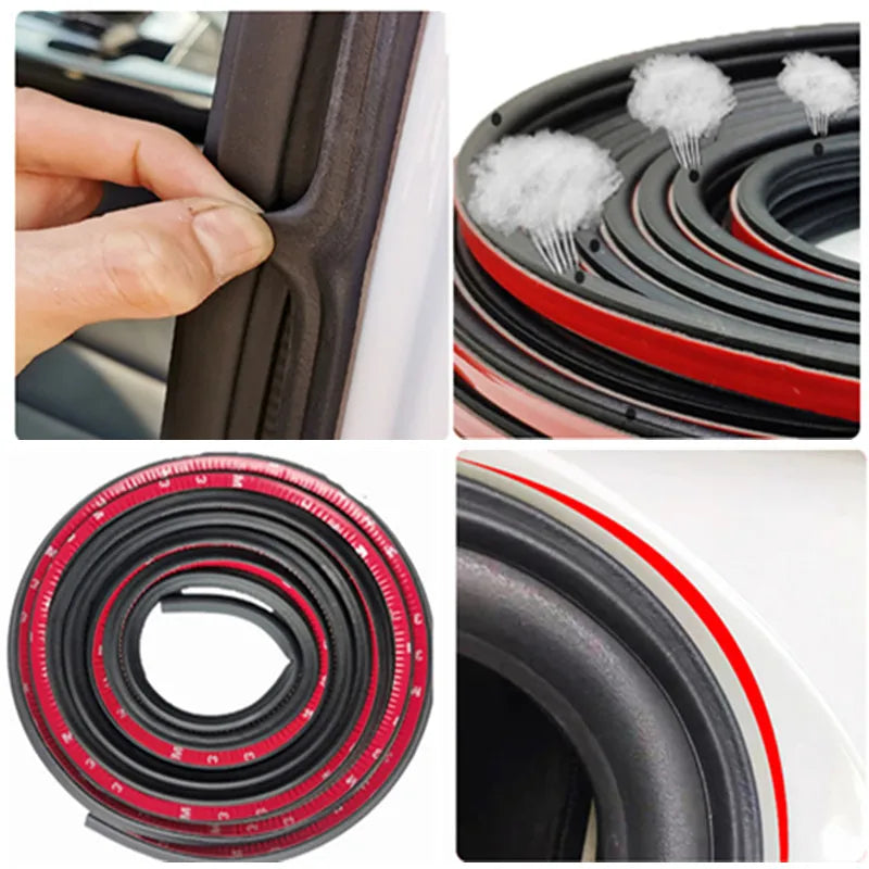 Rolls of universal car door rubber seal strips in black and red with foam insulation.