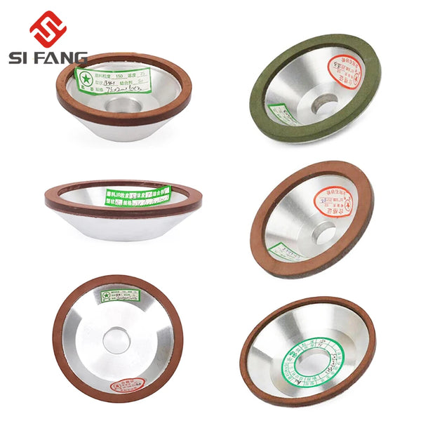 Set of precision diamond grinding cups for carbide tools shown in various angles and finishes