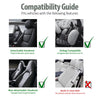 Compatibility guide showing features like detachable headrests and airbag compatibility for car seat covers