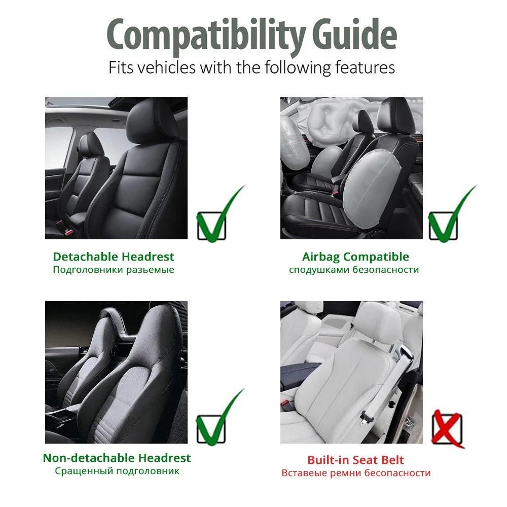 Compatibility guide showing features like detachable headrests and airbag compatibility for car seat covers