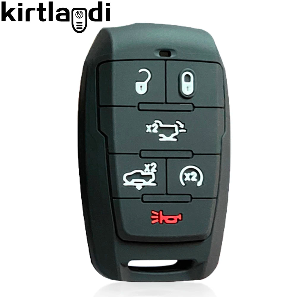 A black silicone key fob cover for a Dodge Ram 1500/2500/TRX vehicle, showing various buttons.