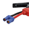 A red and black universal battery jump starter cable with blue connectors.