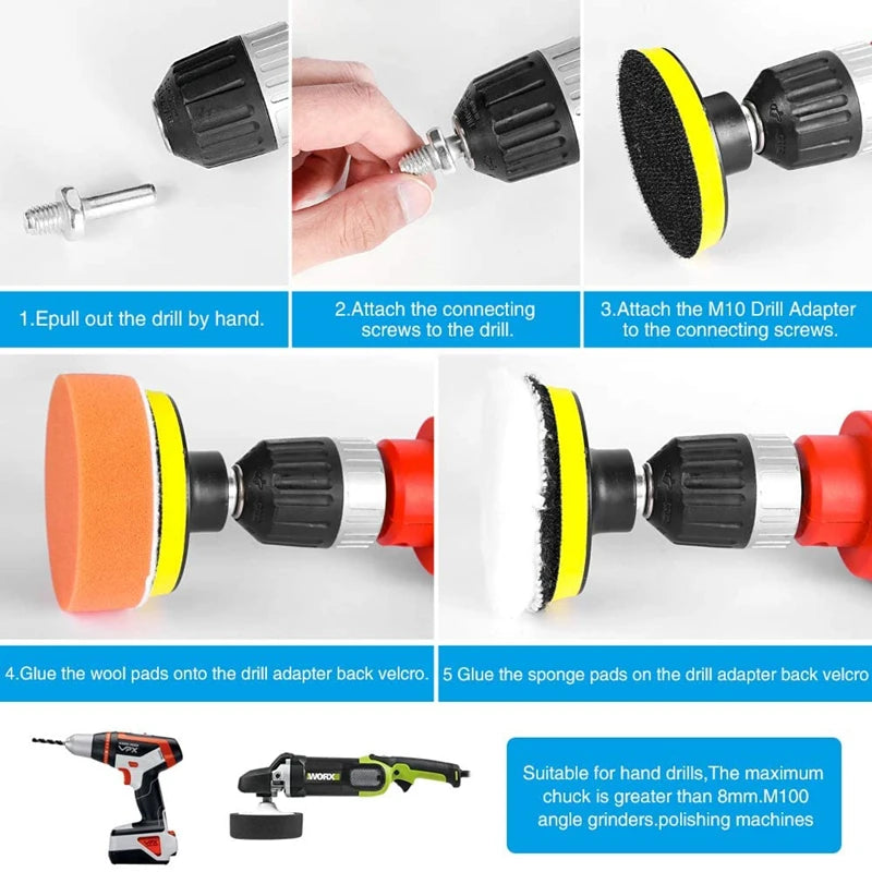 A set of tools and sponges for car polishing, including a drill adapter and sanding pads.