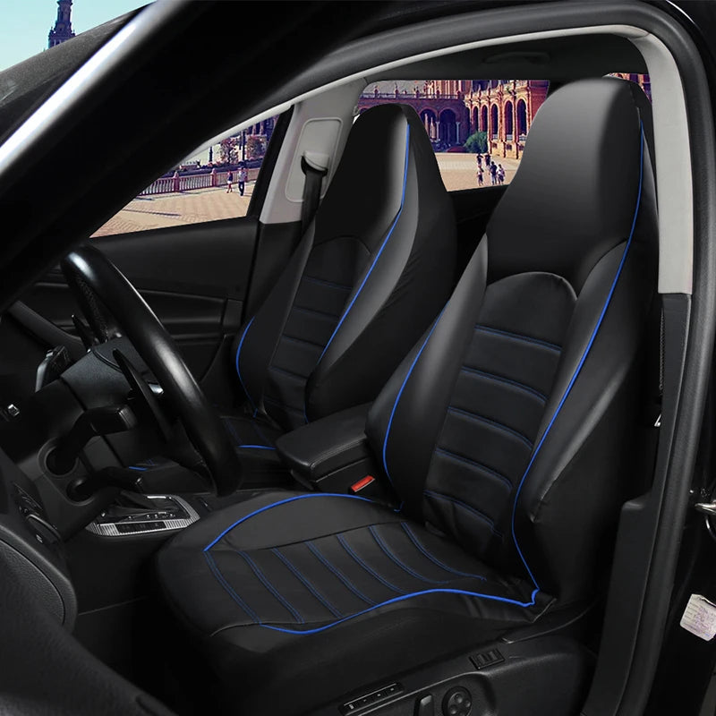 Black faux leather car seat covers for front and split bench seats shown inside a vehicle.