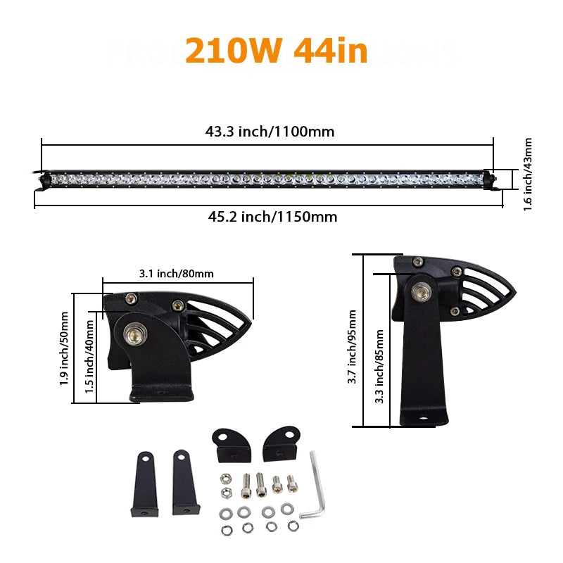 A 210W 44-inch LED light bar with mounting brackets and hardware for off-road vehicles.