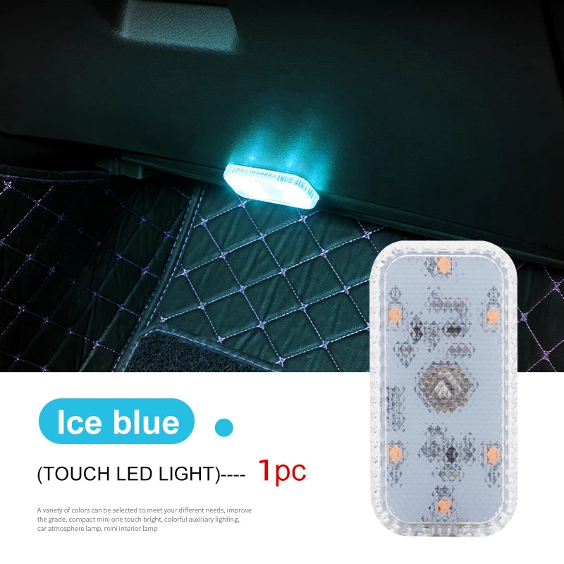 Ice blue touch LED light illuminating a quilted car interior surface