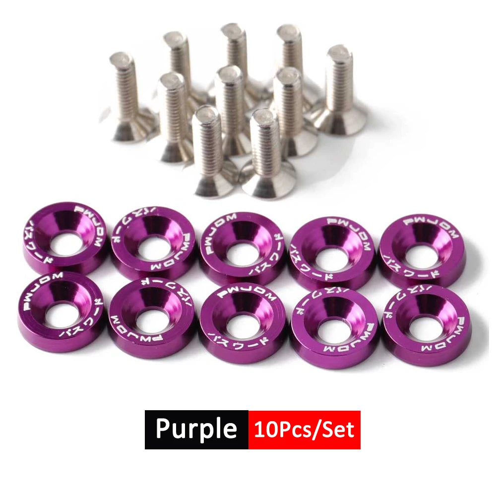 A set of purple anodized aluminum fender and bumper hardware screws.