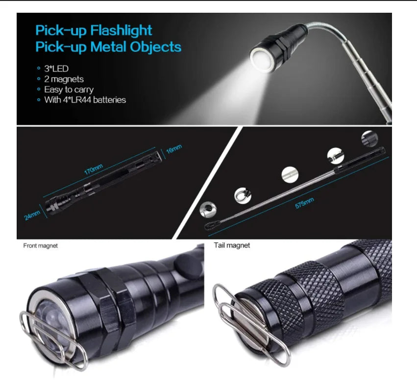 A black magnetic flashlight with a flexible light, showing various components and usage angles.