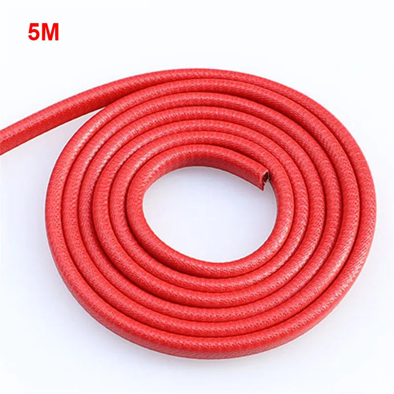 Red car door edge protector trim coiled on a white background
