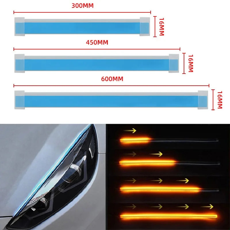 شرائط LED مرنة للضوء النهاري (DRL) مثبتة في وحدة مصباح السيارة، تُظهر أنماط إضاءة مختلفة.