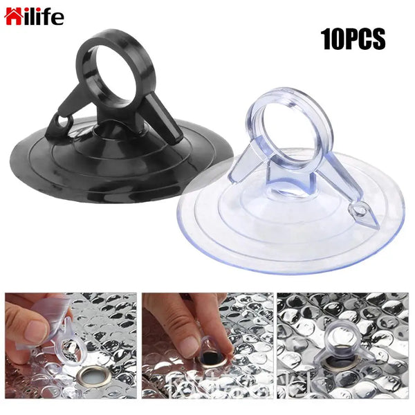 Ten heavy-duty suction cups in black and clear plastic for gripping smooth surfaces