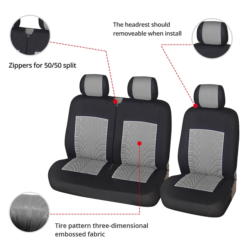 Black car seat covers for double front and 2+1 seating featuring a three-dimensional embossed fabric and removable headrest.