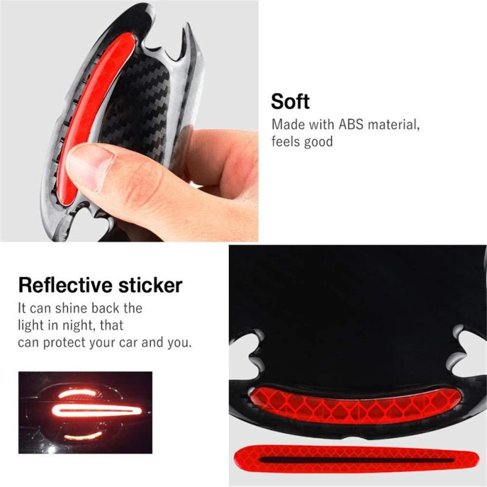 A close-up of a black car door handle protector sticker with a reflective red light element.