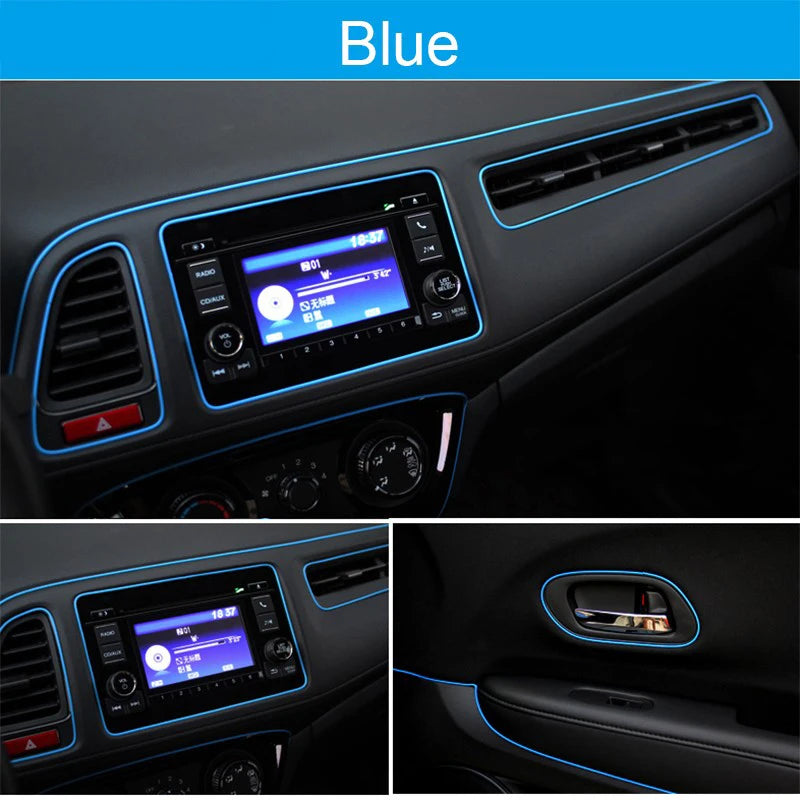 Close-up view of blue universal car moulding trim strips installed on a vehicle dashboard and interior panel.