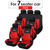 Set of seven red and black car seat covers for a 7 seater car