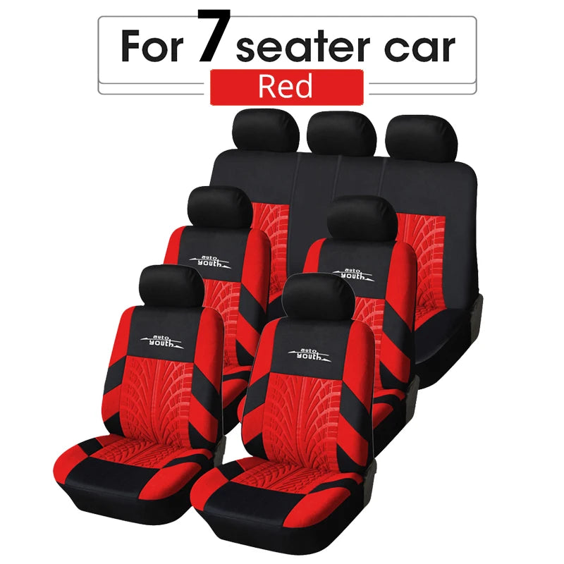 Set of seven red and black car seat covers for a 7 seater car