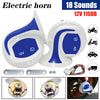Electric horn kit showing a white and blue air horn, mounting plates, and electrical connections.
