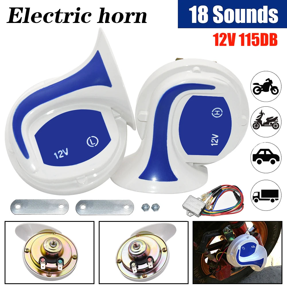 Electric horn kit showing a white and blue air horn, mounting plates, and electrical connections.
