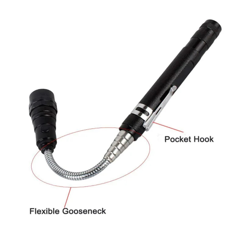 Black flexible gooseneck flashlight with a pocket hook feature