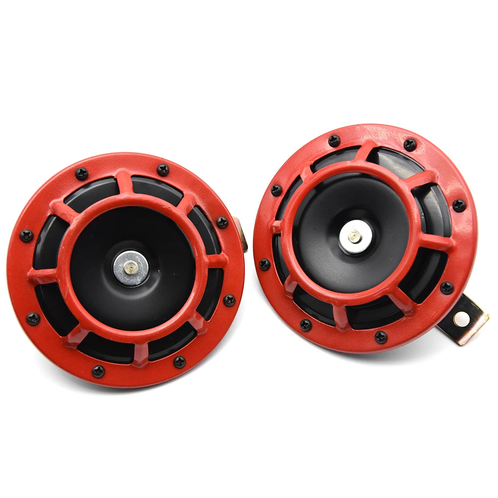 A pair of red electric air horn kits with black and silver components.