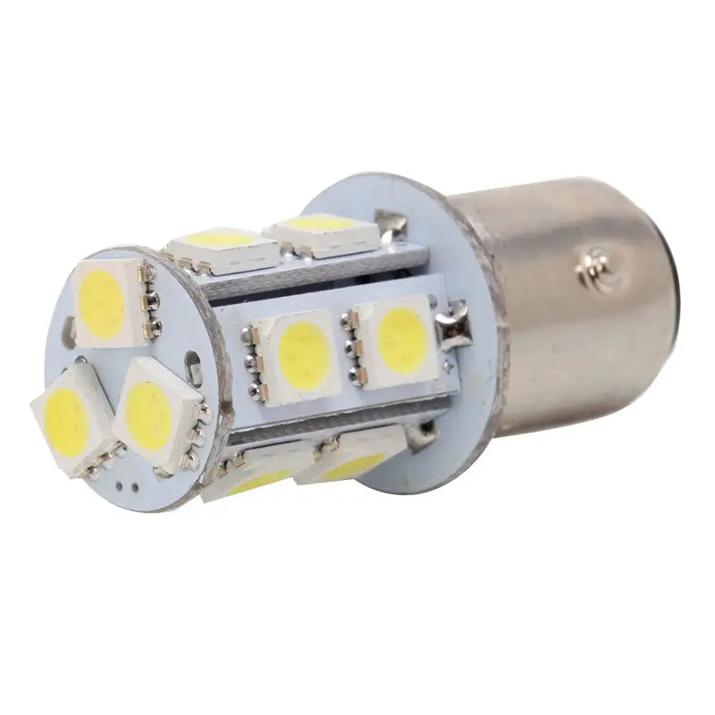 Bombilla indicadora cilíndrica LED con múltiples fuentes de luz blanca cálida y carcasa de metal.