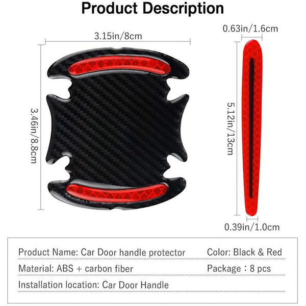Black and red carbon fiber stickers designed to protect car door handles.