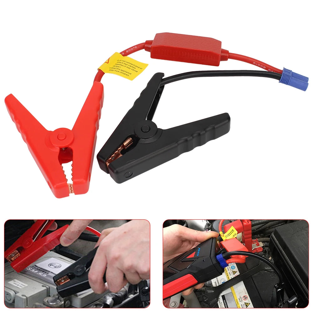 A red and black universal battery jump starter cable with a clamp connector is shown in various angles.