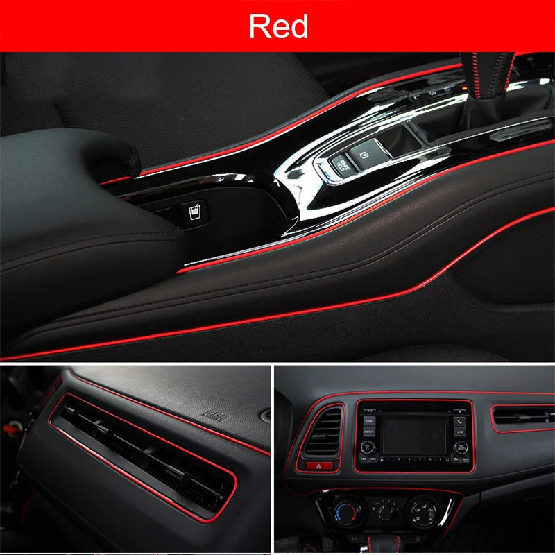 Close-up view of red universal car moulding trim strips and interior components in a car dashboard.