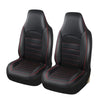 A set of black faux leather car seat covers for front and split bench seats.