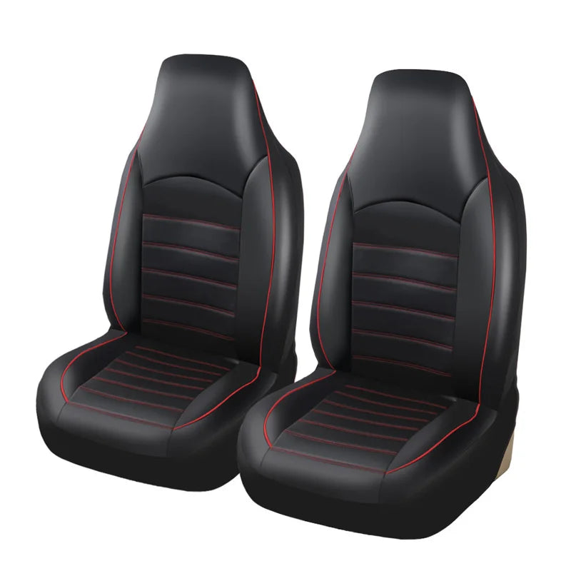 A set of black faux leather car seat covers for front and split bench seats.