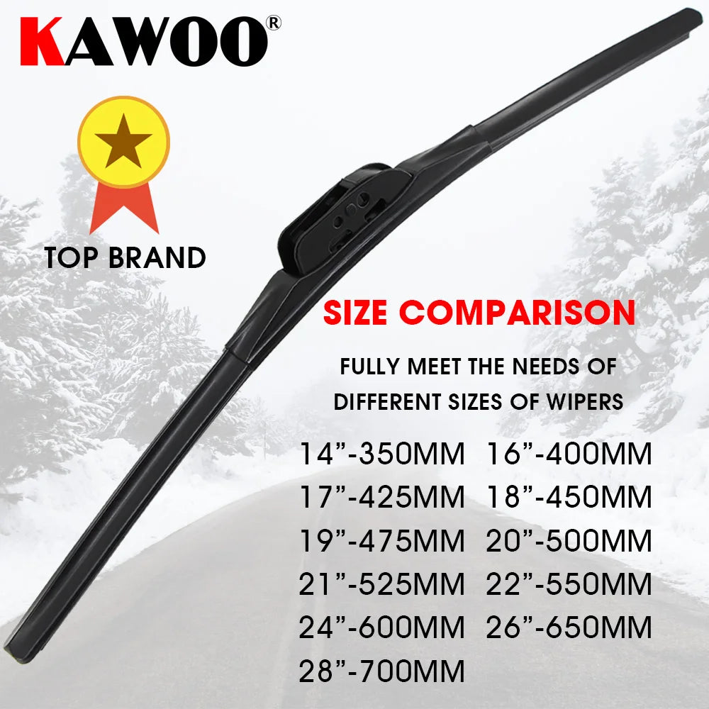 A black heavy-duty rubber windshield wiper blade with various sizes displayed against a snowy background.