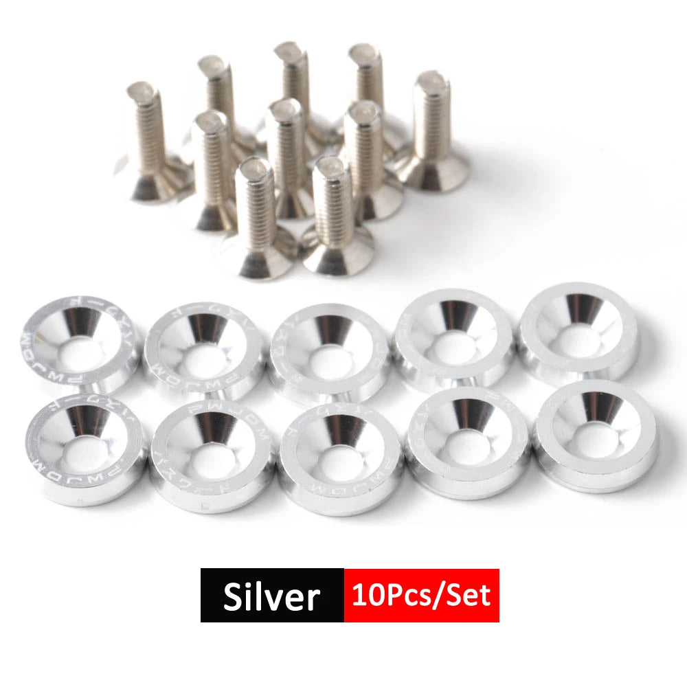 A set of 10 silver anodized aluminum fender and bumper hardware screws.